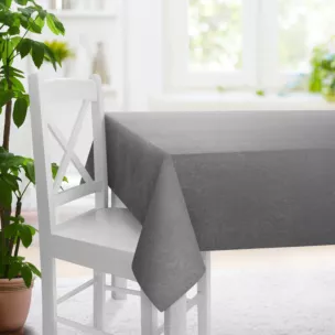 Obrus szyty srebrny z miękkiej tkaniny szenilowej typu dimout o naturalnym splocie