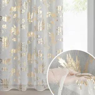 Firana biało, szampańska z etaminy z motywem roślinnym 140x250 cm przelotki - DELIA
