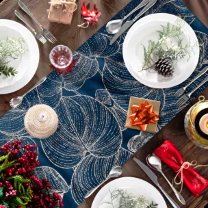 Bieżnik na stół granatowo, złocisty 35x220 cm welwetowy BLINK 16 z dużym wzorem liści