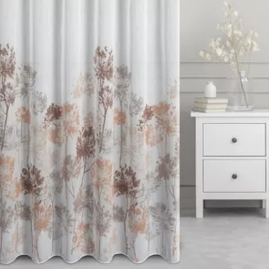 Firana szyta na taśmie 5 cm biało brązowa z delikatnej tkaniny typu BATYST, zdobionej nadrukiem roślinnym, wykończonej obciążnikiem