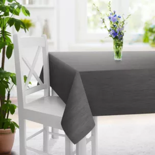 Obrus szyty popielaty z tkaniny welwetowej w pionowe prążki, wykończona obciążnikiem