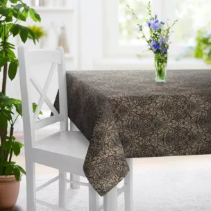 Obrus szyty grafitowo złocisty z połyskującej tkaniny zdobionej eleganckim wzorem Pierre Cardin