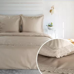 Pościel 160x200 cm komplet 3 częściowy z satyny bawełnianej kolor beżowy zdobiona elegancką koronką RETRO 6