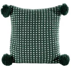 Poszewka na poduszkę 45x45 cm świąteczna zielono biała o plecionej strukturze z pomponami