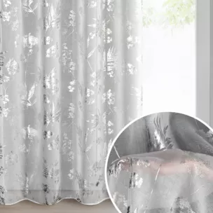 Firana biało, srebrna z etaminy z motywem roślinnym 140x250 cm przelotki - DELIA