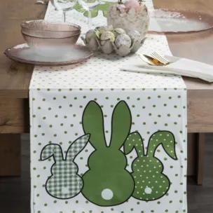 Bieżnik na stół biało, zielony 35x140 cm welwetowy WIOSNA 1 zdobiony nadrukiem siedzących zajączków