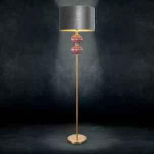 Lampa stojąca do salonu stalowo, bordowa MARITA z welwetowym abażurem