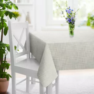 Obrus szyty kremowy z tkaniny w stylu eko o naturalnym splocie, z efektem melanżu, wykończona obciążnikiem