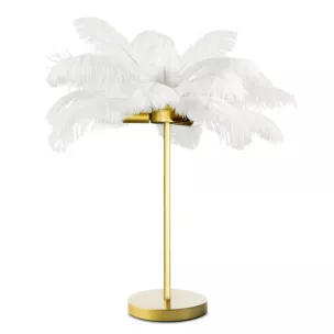 Lampa stołowa do salonu biało, złota FERI na metalowej podstawie z niezwykle efektownym abażurem z naturalnych strusich piór