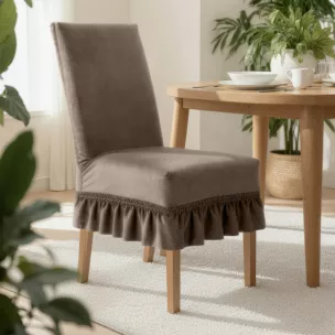 Pokrowiec na krzesło ciemnobeżowy wodoodporny z ozdobną falbanką 35x55x30 cm Design 91