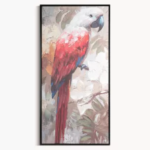 Obraz biało, niebieski ręcznie malowaną na płótnie papugą 50x100 cm