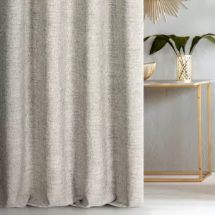 Zasłona szyta na taśmie 5 cm szarobeżowa z tkaniny w stylu eko o naturalnym splocie, z efektem melanżu, wykończona obciążnikiem