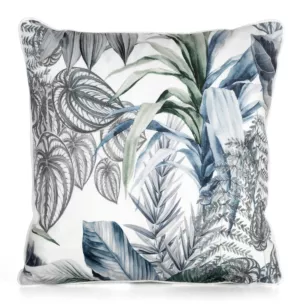 Poszewka na poduszkę 45x45 cm welwetowa, biało zielona zdobiona nadrukiem egzotycznych liści DAVOS DESIGN 91