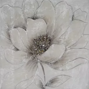 Obraz roślinny szaro, srebrzysty ręcznie malowany na płótnie kwiat z dodatkami cyrkonii 50x50 cm FLOWERY 2
