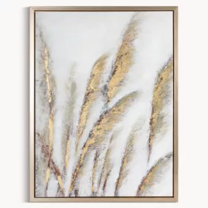 Obraz roślinny szaro, złocisty malowany ręcznie na płótnie z motywem trawy pampasowej 50x70 cm
