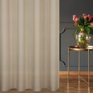 Firana szyta na taśmie 5 cm beżowa z półmatowej etaminy z efektem melanżu, wykończona obciążnikiem