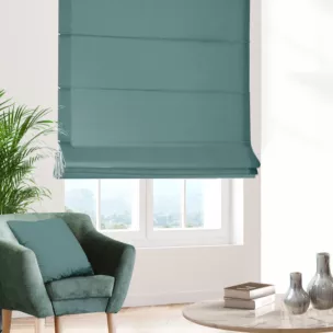 Roleta rzymska turkusowa z gładkiej tkaniny typu dimout