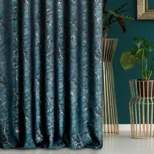 Zasłona szyta na taśmie 5 cm turkusowo złota z tkaniny w elegancki nieregularny wzór z błyszczącą nicią i efektem 3D Italissima Eva Minge