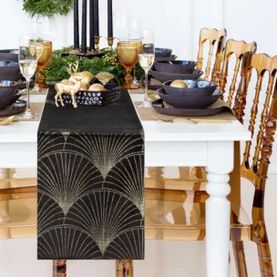 Bieżnik na stół czarno, złoty 35x180 cm welwetowy BLINK 14 z dużym wzorem wachlarzy w stylu art deco