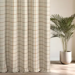 Zasłona szyta na tunelu jasnobeżowa z tkaniny o jodełkowym splocie z wzorem kraty