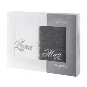 Zestaw ręczników bawełnianych na prezent 2 szt 70x140 cm z haftem Żona i Mąż kolor srebrny,stalowy 400 g/m2