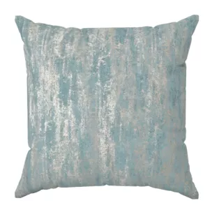 Poszewka szyta niebiesko złocista z grubej, welwetowej tkaniny z efektem przecieranego wzoru, zdobiona delikatnie połyskującym nadrukiem