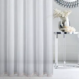 Firana szyta na taśmie 5 cm naturalno beżowa z matowej tkaniny typu aden zdobionej geometryczną aplikacją