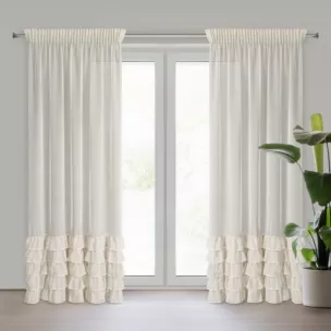 Firana beżowa z etaminy zdobiona falbanami i lśniącym pasem kryształków 140x250 cm taśma CARLI