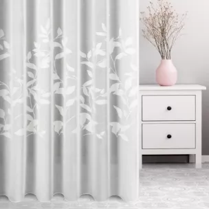 Firana szyta na taśmie 5 cm biała burnout z etaminy w motywy roślinne, wykończona obciążnikiem