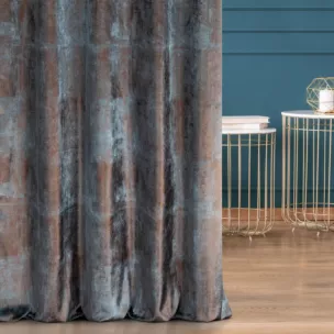 Zasłona szyta na taśmie 5 cm jasnoturkusowo miedziana z welwetowej, miękkiej tkaniny, z połyskującym nadrukiem