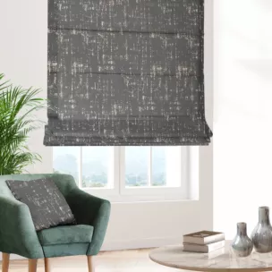 Roleta rzymska grafitowo złocista z miękkiej tkaniny o strukturze weluru z połyskliwym nadrukiem