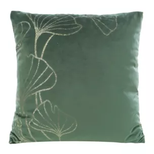 Poszewka na poduszkę 45x45 cm welwetowa ciemnozielona ze złotym nadrukiem liści miłorzębu BLINK