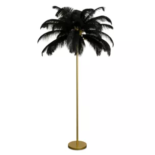 Lampa stojąca do salonu czarno, złota FERI na metalowej podstawie z efektownym abażurem z naturalnych strusich piór