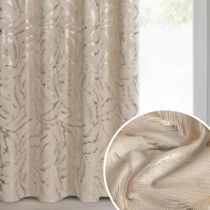 Zasłona beżowo szampańska zdobiona nadrukiem liści 140x250 cm złota przelotka - MILENA