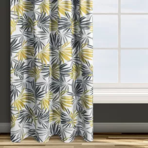 Zasłona biało, musztardowa we wzór liści 140x250 cm taśma - ELINA - Design 91