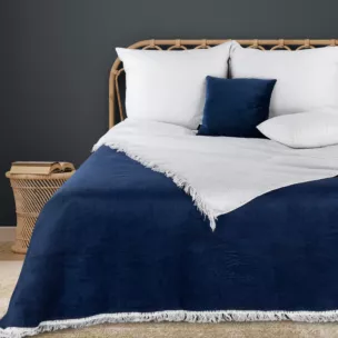 Koc bawełniano-akrylowy 220x240 cm biało, granatowy z frędzlami AKRYL 29 Eurofirany Premium - kolekcja TOLEDO