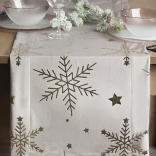 Bieżnik świąteczny na stół 40x140 cm beżowo, szampański welwetowy zdobiony śnieżynkami