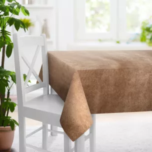 Obrus szyty ciemnobeżowy z miękkiej welwetowej tkaniny z połyskiem