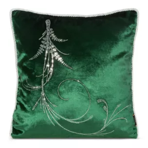 Poszewka na poduszkę 45x45 cm welwetowa, ciemnozielona zdobiona wzorem z kryształków i srebrnym sznurem na brzegach ROYAL 10