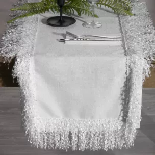 Bieżnik na stół biały 40x140 cm TINA zdobiony puszystymi frędzlami EUROFIRANY PREMIUM