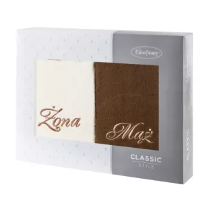 Zestaw ręczników bawełnianych na prezent 2 szt 70x140 cm z haftem Żona i Mąż kolor kremowy,brązowy 400 g/m2