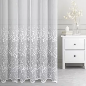 Firana szyta na taśmie 5 cm biała z matowej tkaniny ADEN haftowanej w botaniczny wzór