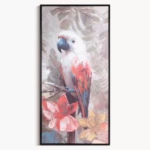 Obraz biało, czerwony ręcznie malowaną na płótnie papugą 50x100 cm