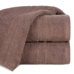 Ręcznik do rąk 30x50 cm bawełniany kolor jasnobrązowy z bordiurą w paski podkreślone błyszczącą nicią 500 g/m2 GALA