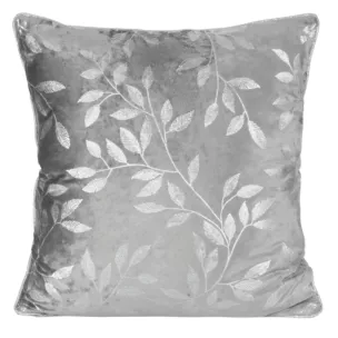 Poszewka na poduszkę 45x45 cm welwetowa pudrowo stalowa z metalicznym nadrukiem liści VELVET 71 Eurofirany Premium