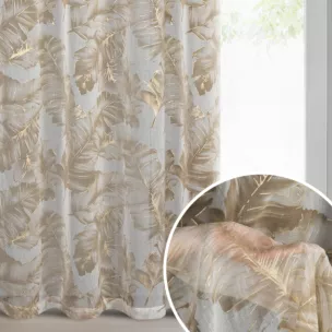 Zasłona beżowo, szampańska z nadrukiem liści z etaminy i złotych akcentów 140x250 cm przelotka - LAYLA