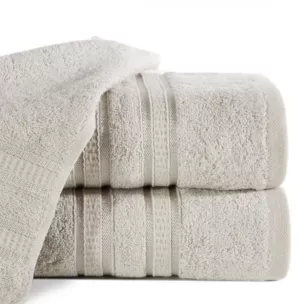 Ręcznik kąpielowy 50x90 cm z włókien bambusowych kolor beżowy z bordiurą tkaną w ozdobne pasy 3D 500 g/m2 MILA