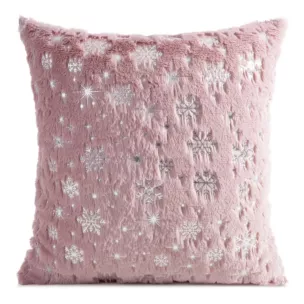 Poszewka na poduszkę świąteczna 45x45 cm pudrowo, srebrna z przyjemnego futerka zdobiona nadrukiem śnieżynek