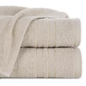 Ręcznik kąpielowy 70x140 cm bawełniany kolor beżowy z bordiurą w paski podkreślone błyszczącą nicią 500 g/m2 GALA