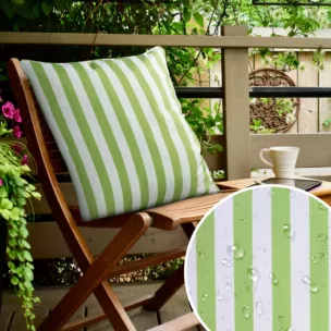 Poszewka na poduszkę 45x45 cm z tkaniny wodoodpornej jasnozielono, biała idealna do ogrodu i na taras zdobiona pasami GARDEN 6